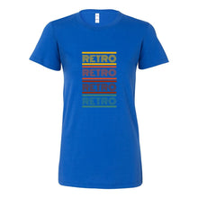 Load image into Gallery viewer, Blue t-shirt with 'Retro' text in multiple colors on a white background
