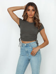 Women's Solid Color Ruched Side Crop T-shirt
